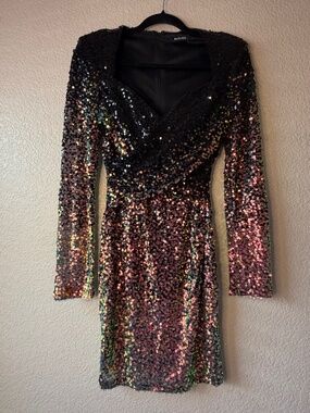 Banjul Black Ombré Sequin Mini Dress | Long Sleeve Cocktail Dress | Size M